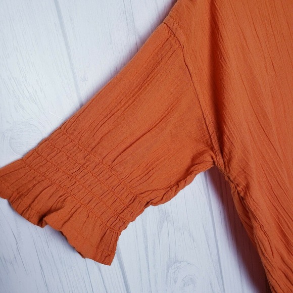Frye Womens Top Size XS Split Neck Smocked Waist Short Sleeves in Orange Rust - Picture 7 of 12